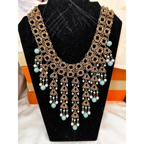 NWT Stunning Chico's statement necklace brushed dark goldtone with bib design - Picture 1 of 5